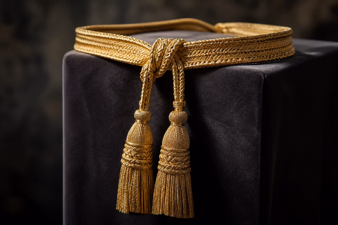 Ornate Gold Cincture Draped on Dark Velvet Pedestal