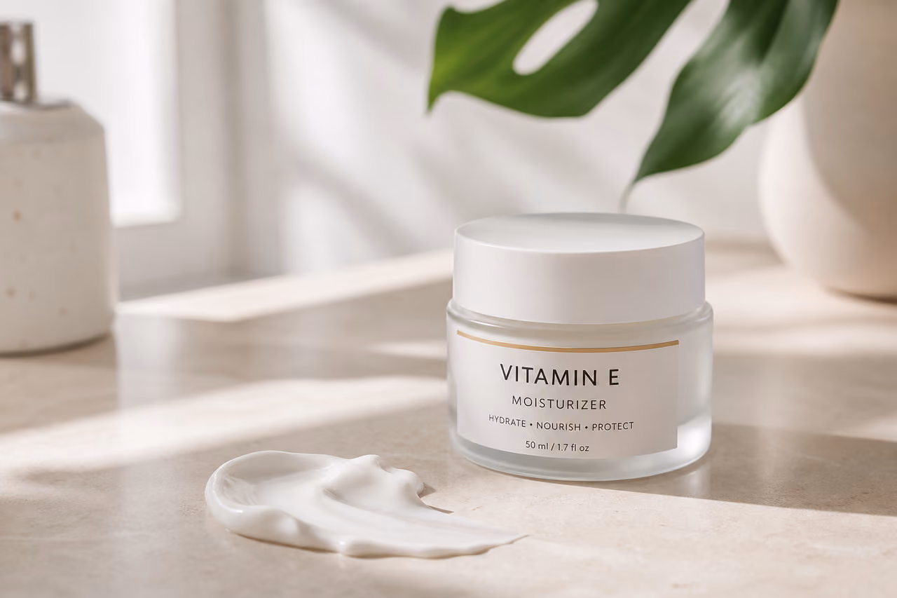 Vitamin E Moisturizer Jar on White Marble Surface