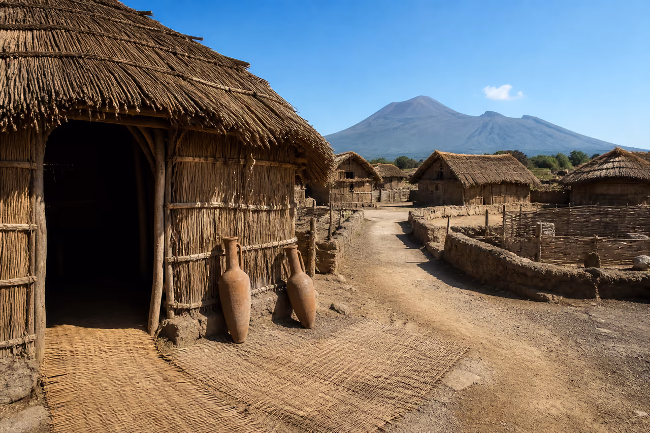 Reconstructed Primitive Reed Huts in an Ancient Italian Settlement