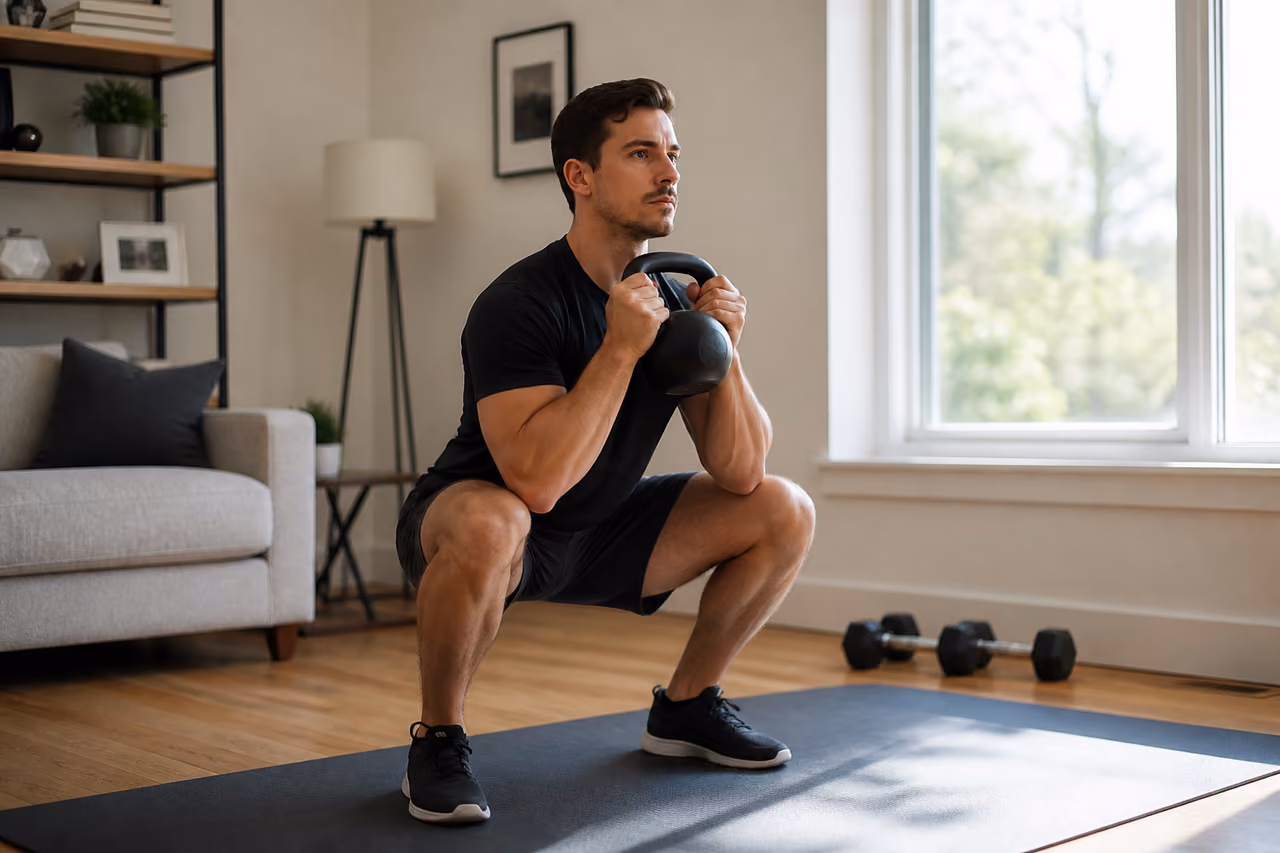 Man Performing Weighted Squats for Muscle Gain at Home