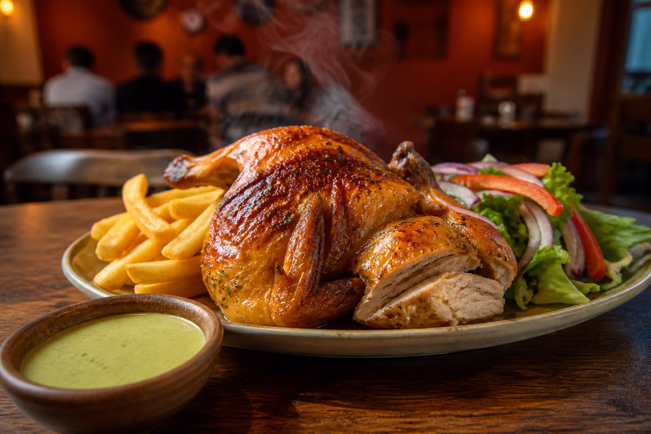 Peruvian Rotisserie Chicken Platter with Fries and Aji Sauce
