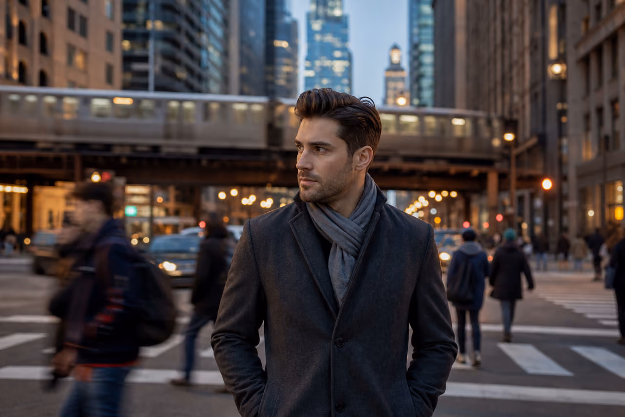 Fashionable Man Walking Through Downtown Chicago Streets