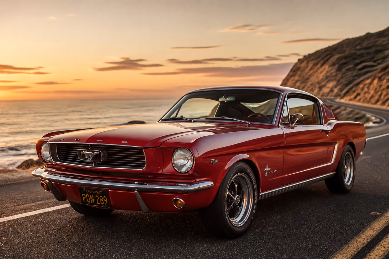Vintage Red Muscle Car Parked on Coastal Highway at Sunset