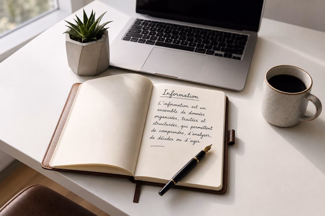 Handwritten French Definition of Information in a Modern Notebook