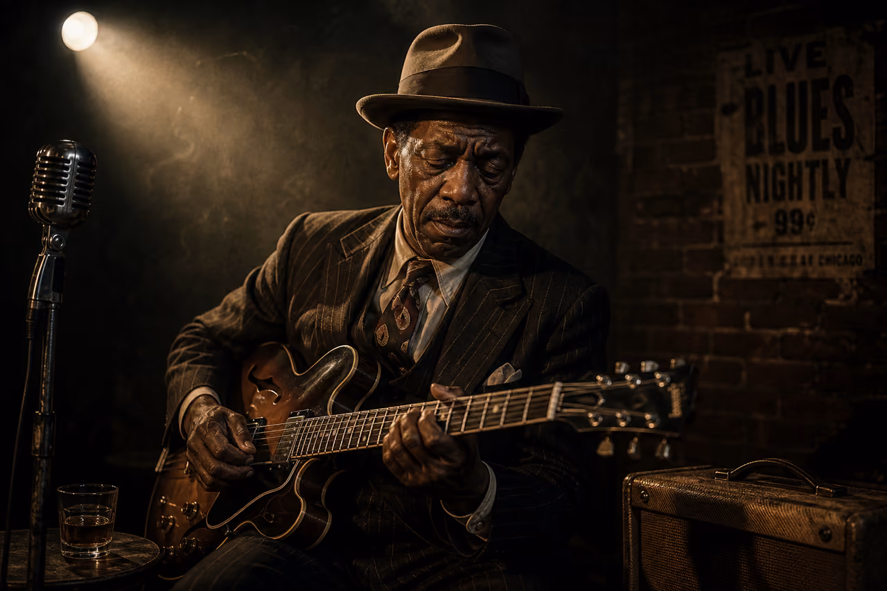Blues Musician Playing Vintage Electric Guitar in Smoky Club