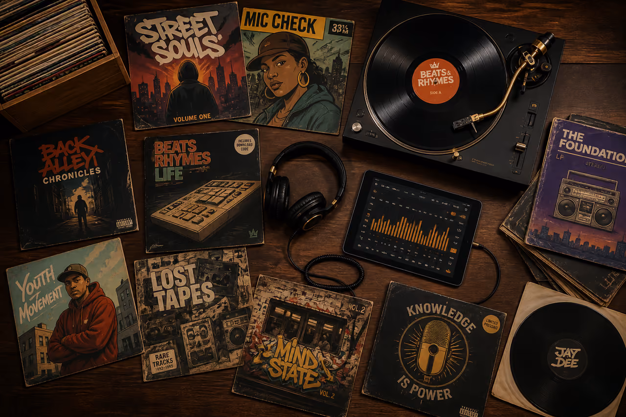 Hip-Hop Vinyl Record Discography Collection on a Studio Workbench