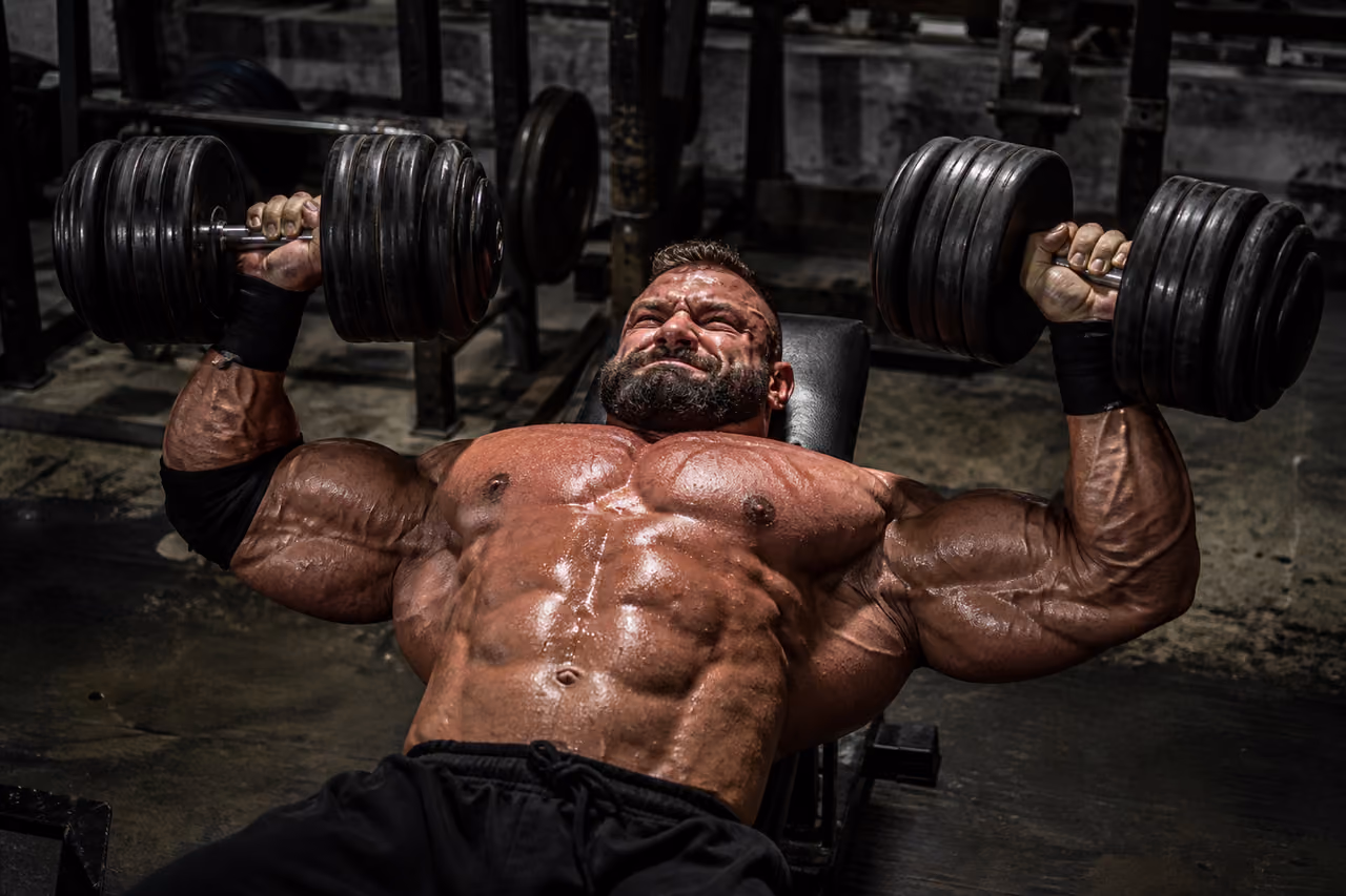 Muscular Bodybuilder Performing Dumbbell Chest Press in Industrial Gym