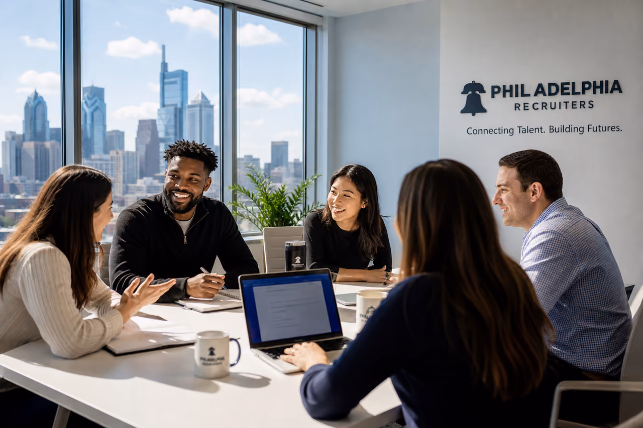 Professionals Collaborating in a Modern Philadelphia Recruitment Office