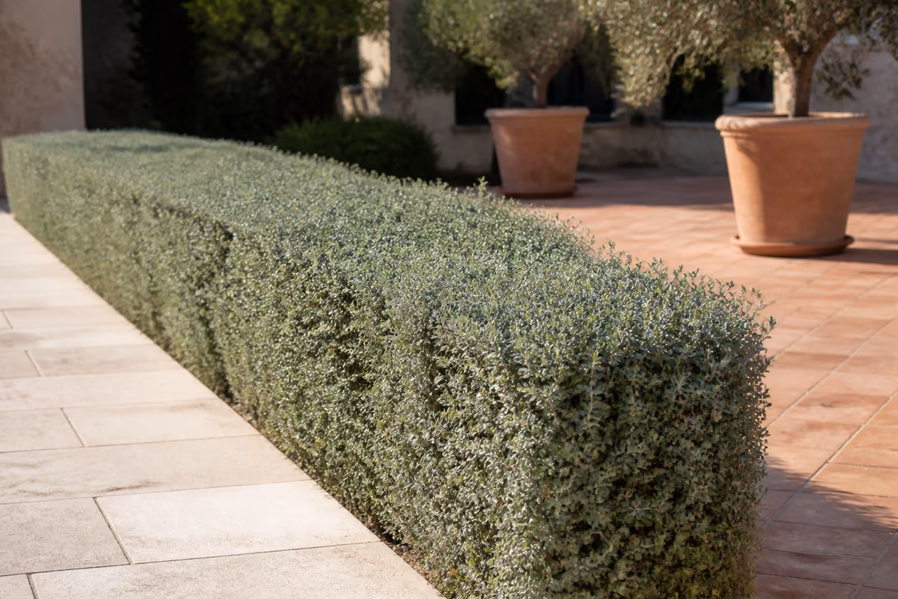 Manicured Teucrium Fruticans Hedge Along a Limestone Walkway