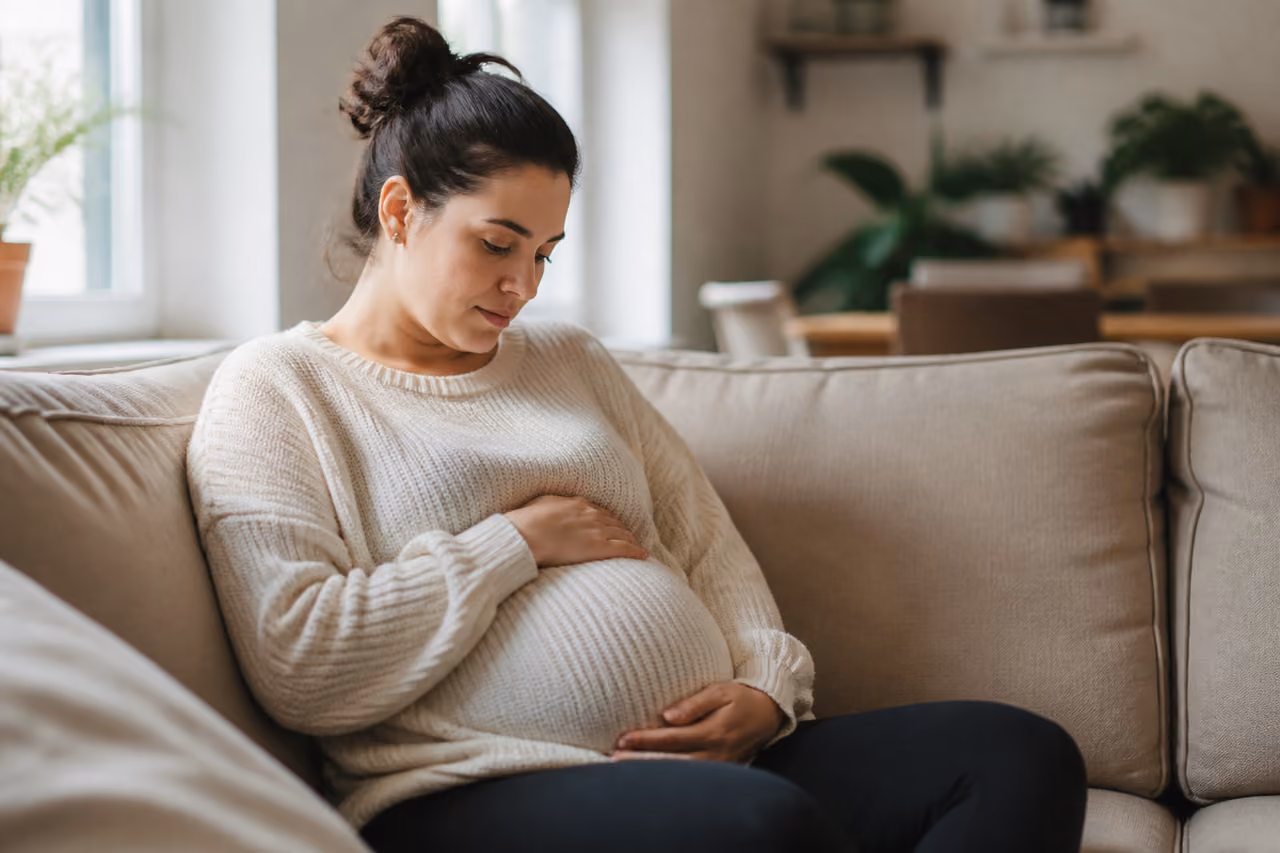 Concerned Pregnant Woman Resting Hand on Belly at Home