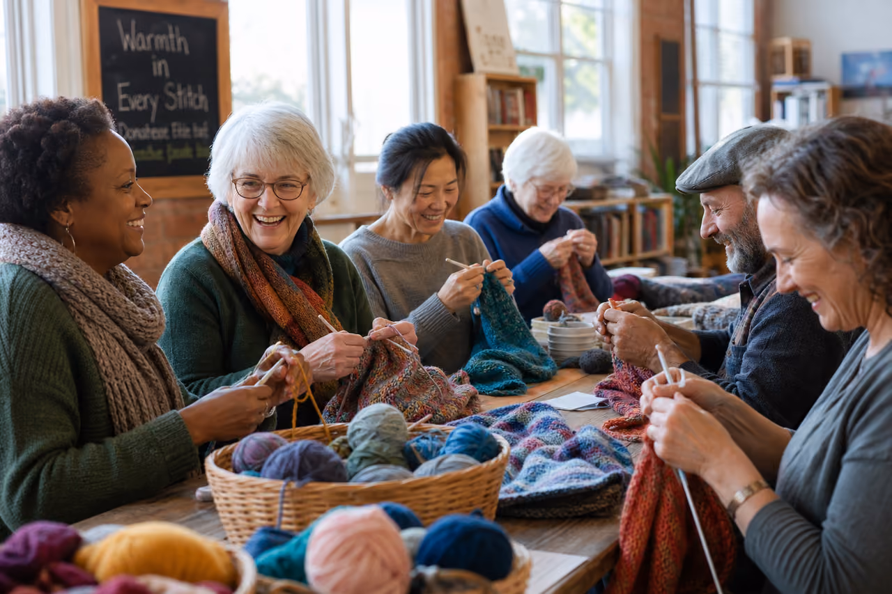 Diverse Group of Volunteers in a Charity Knitting Circle