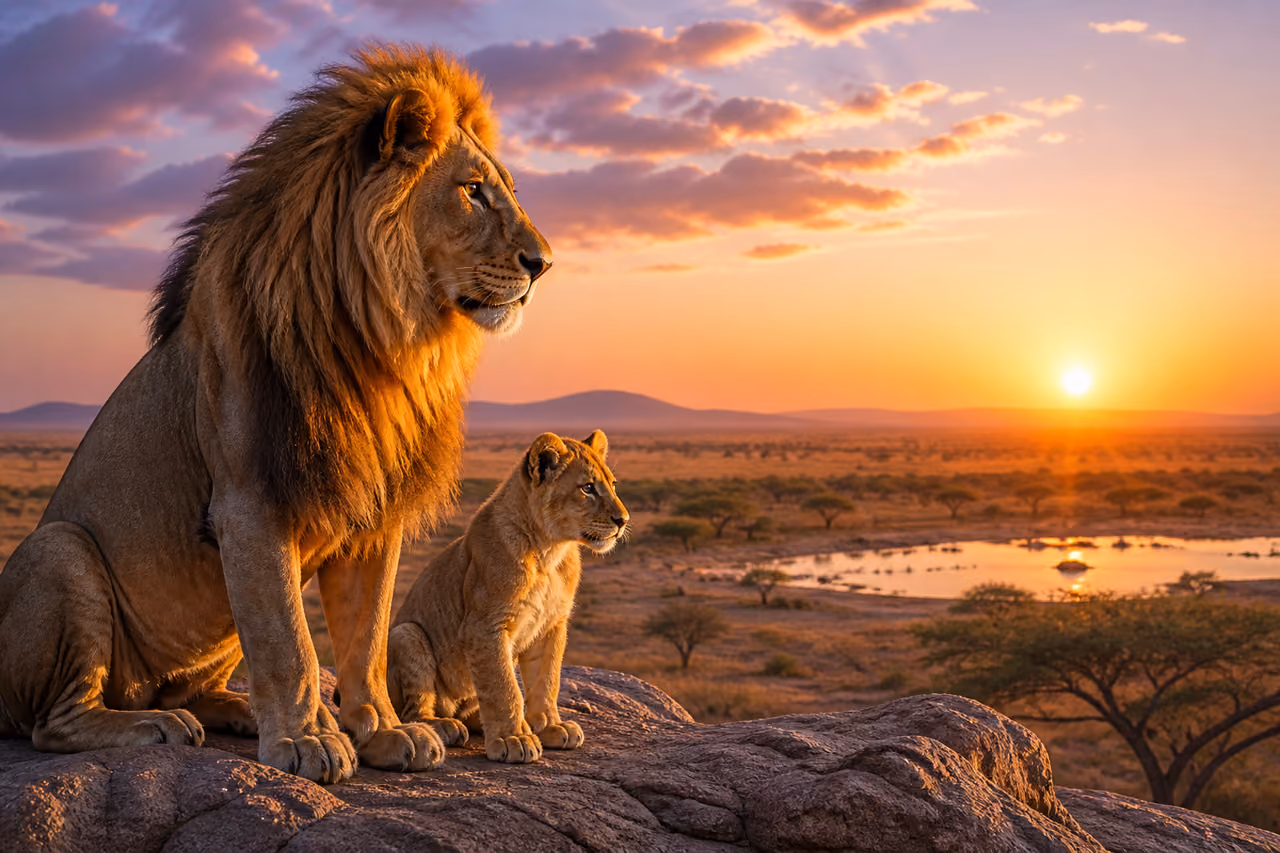 Adult Male Lion and Cub Overlooking African Savanna