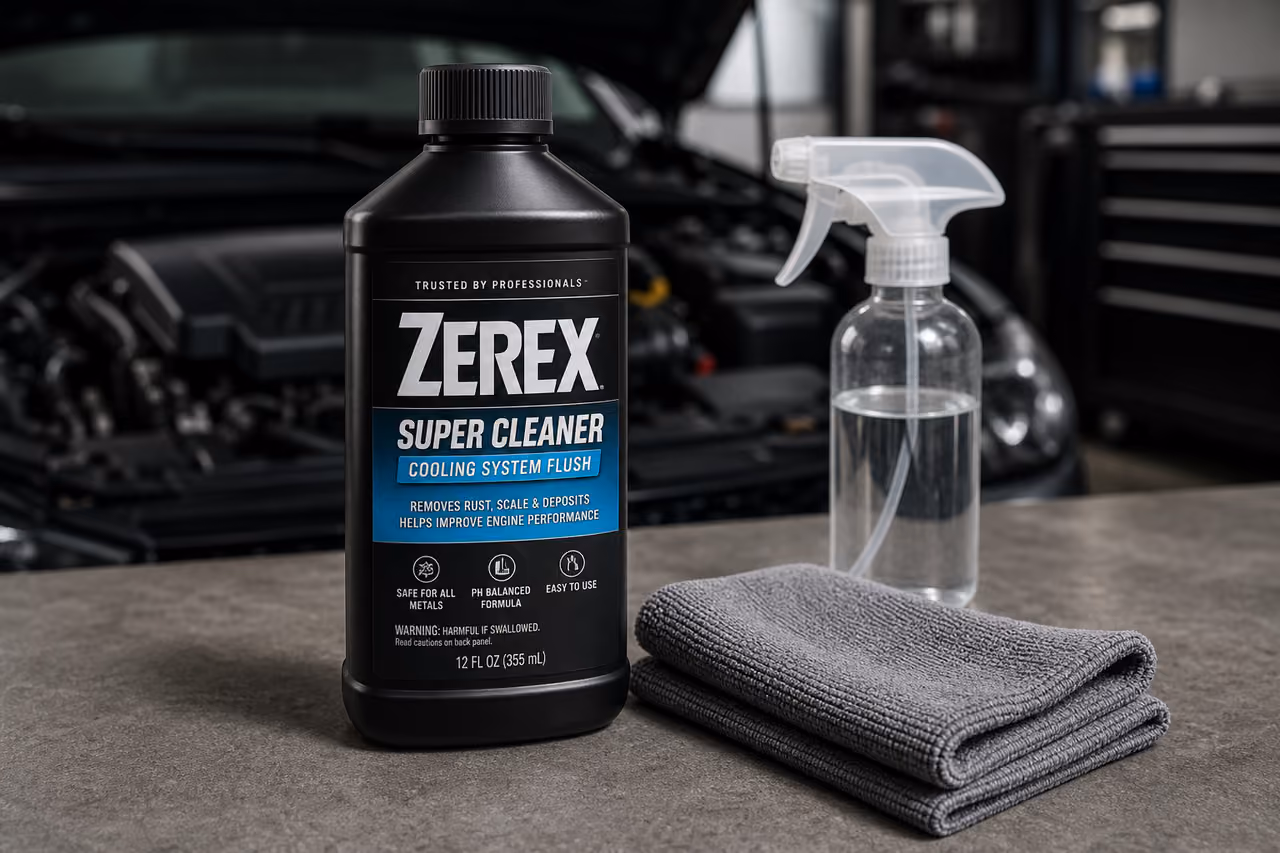 Zerex Super Cleaner Bottle on Industrial Workshop Floor