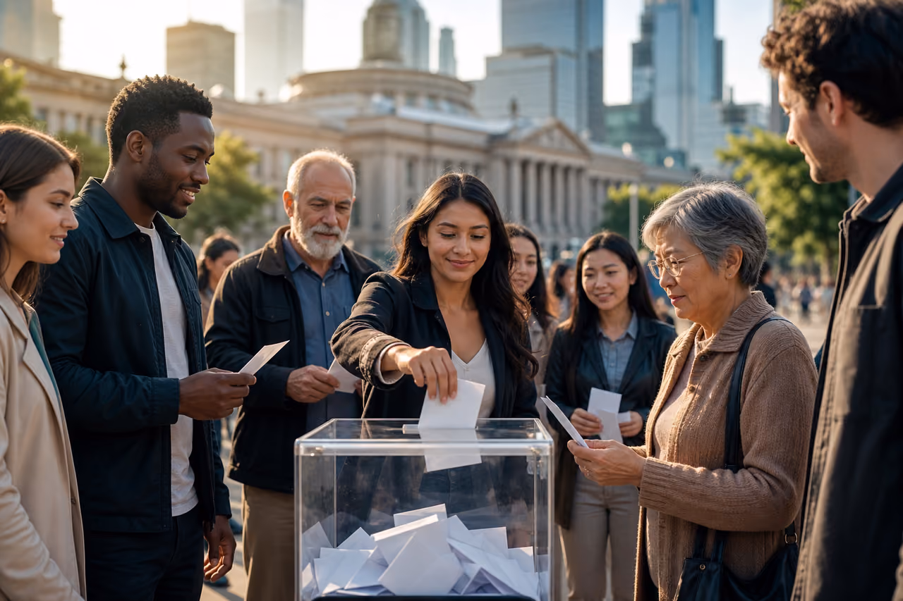 Diverse Citizens Casting Ballots in a Modern Public Square