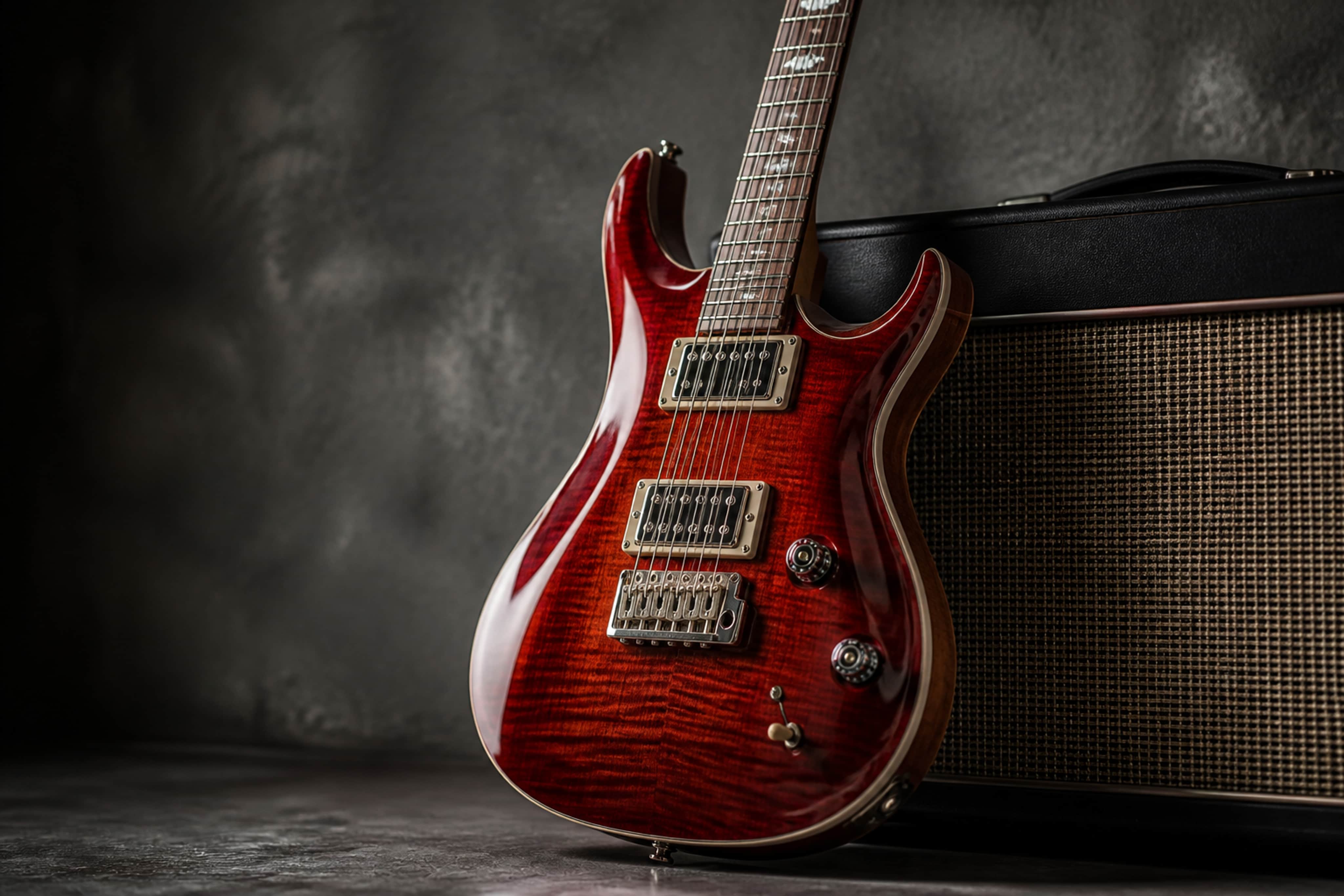 Modern Tempo Electric Guitar Leaning Against Studio Amplifier