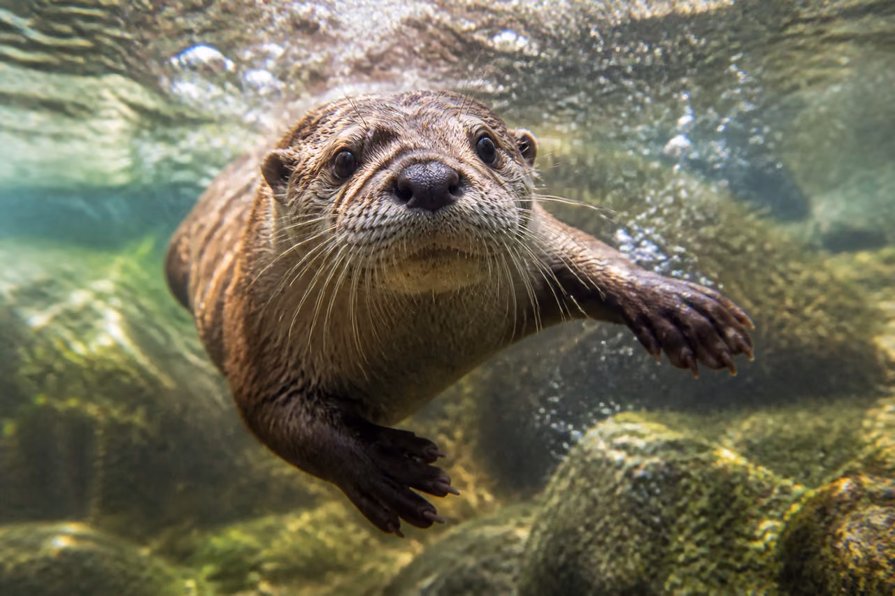 Playful River Otter Swimming in a Clear Stream