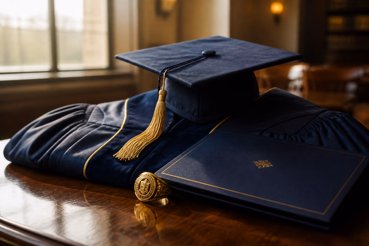 Graduation Cap and Gold Class Ring on Wooden Table
