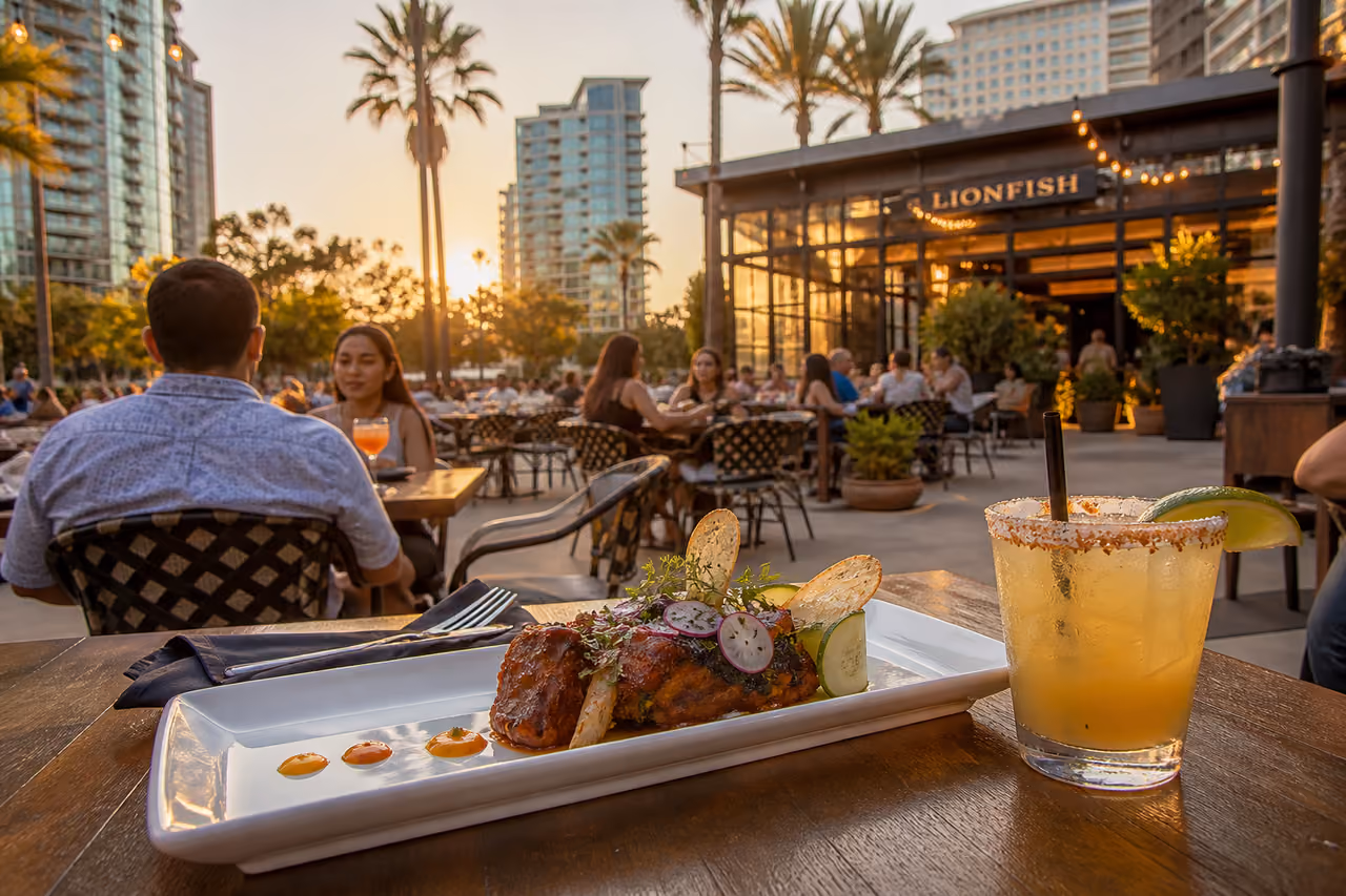 People Dining at an Outdoor Plaza in Downtown San Diego