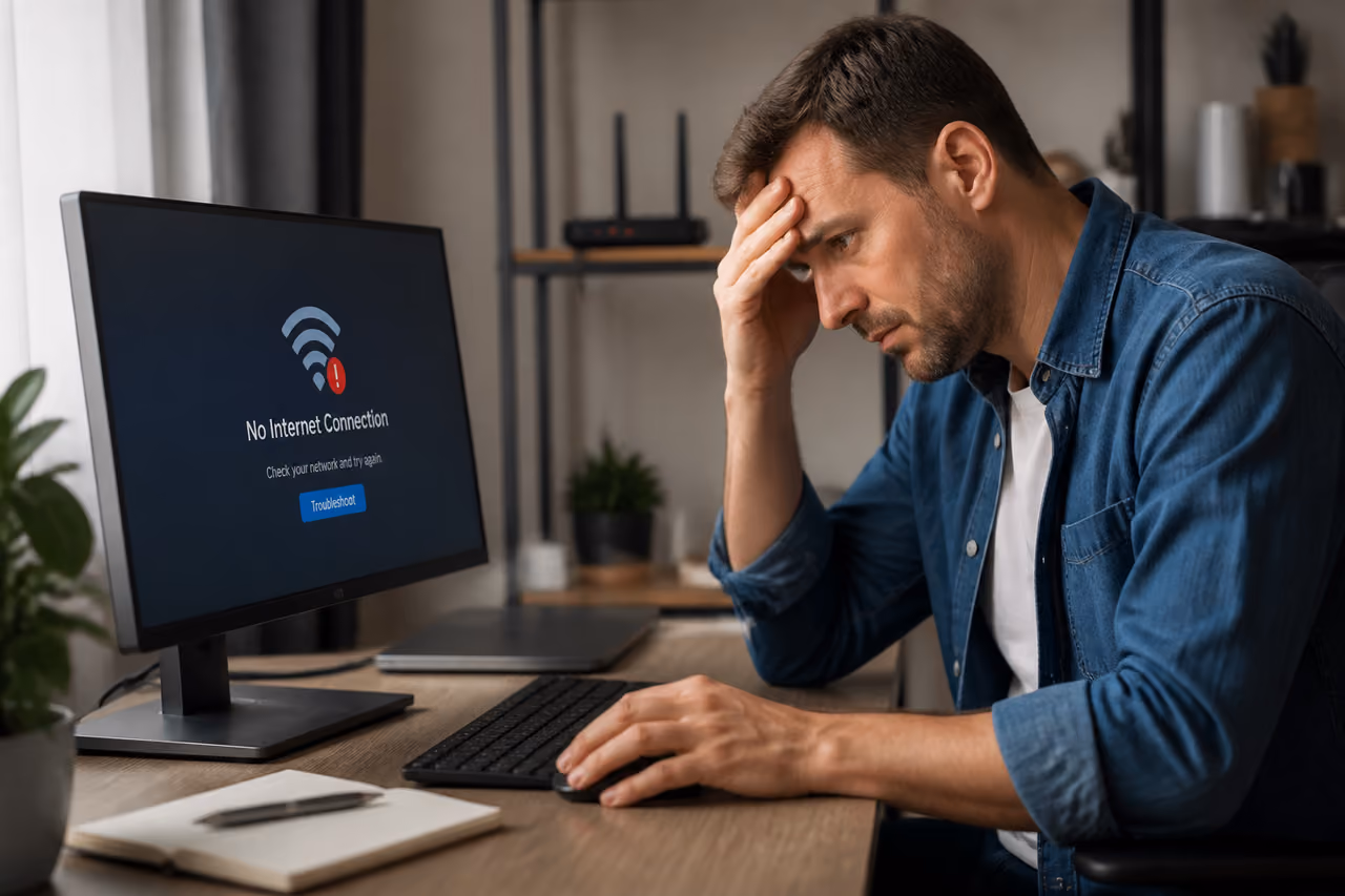 Frustrated Man Facing No Internet Connection on Desktop Pc