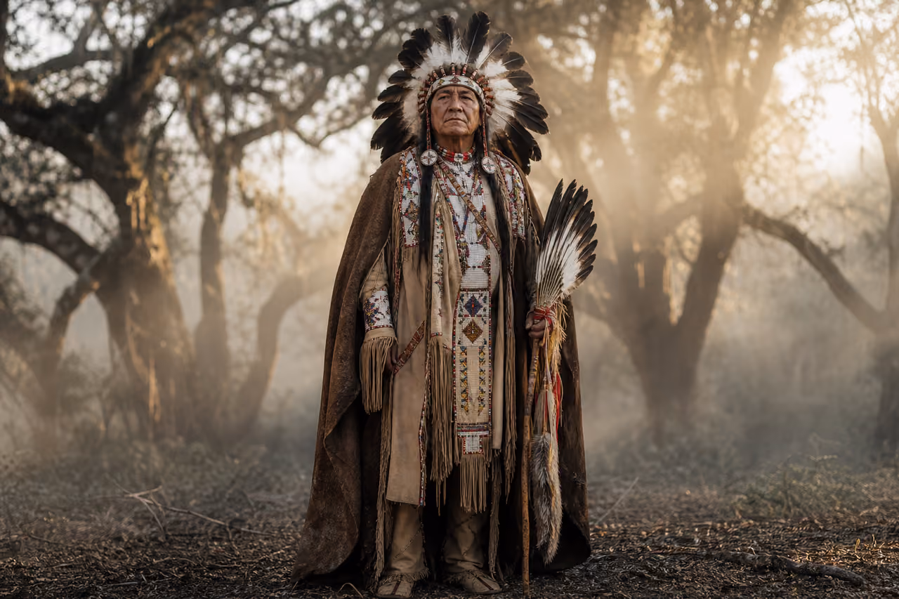 Native American Chief in Traditional Regalia Standing in Misty Forest