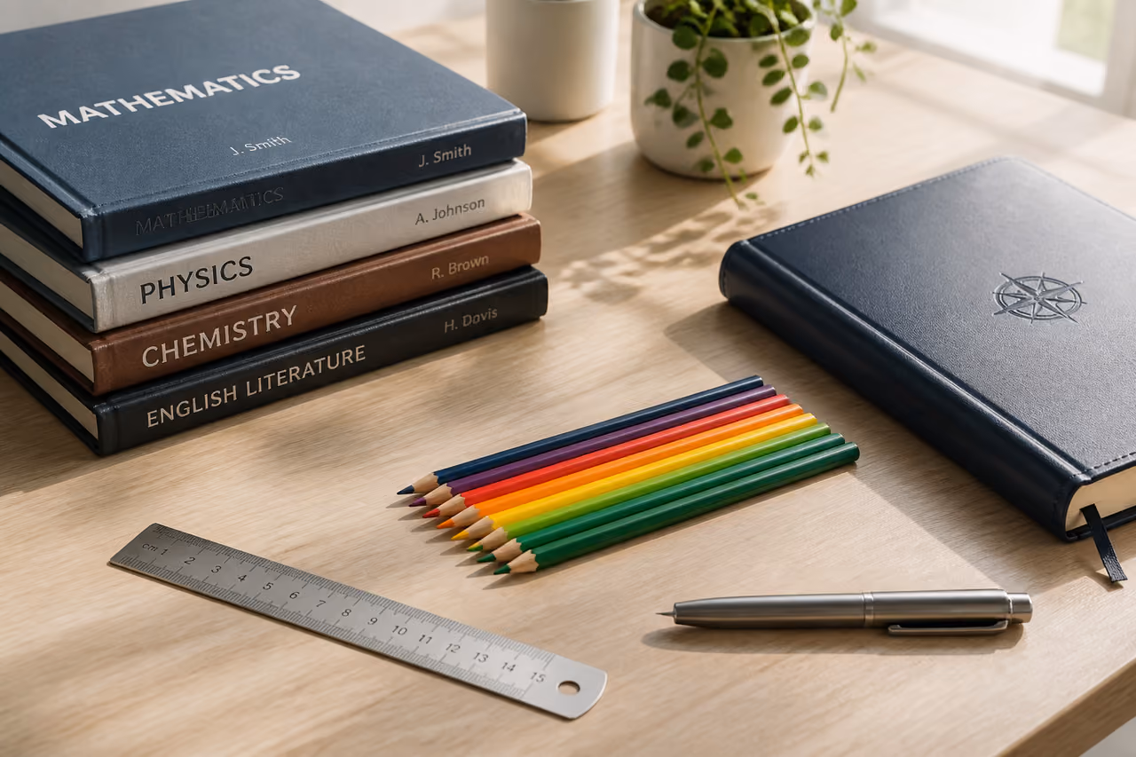 Assorted School and Office Supplies on a Wooden Desk