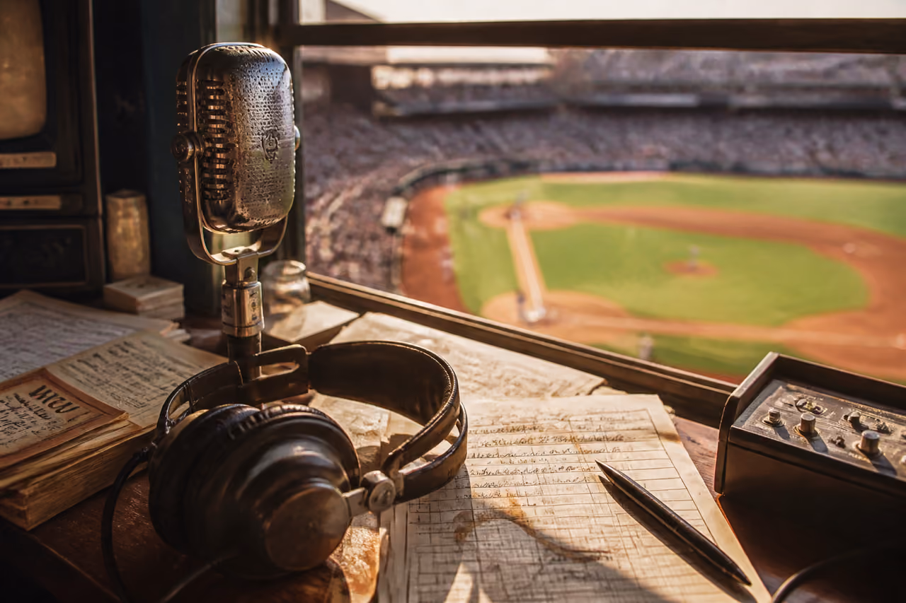 Vintage Baseball Broadcasting Equipment in a Stadium Press Box