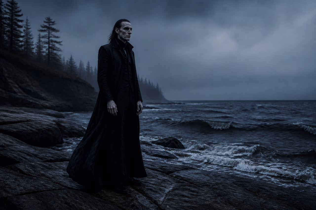 Pale Gothic Creature Standing on a Foggy Great Lakes Shore