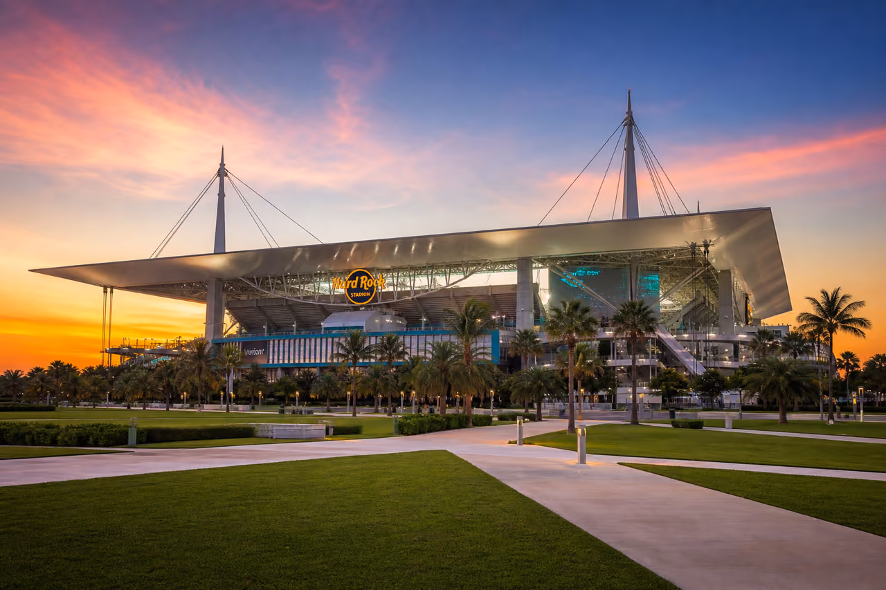 Modern Sports Stadium in Miami Florida at Sunset