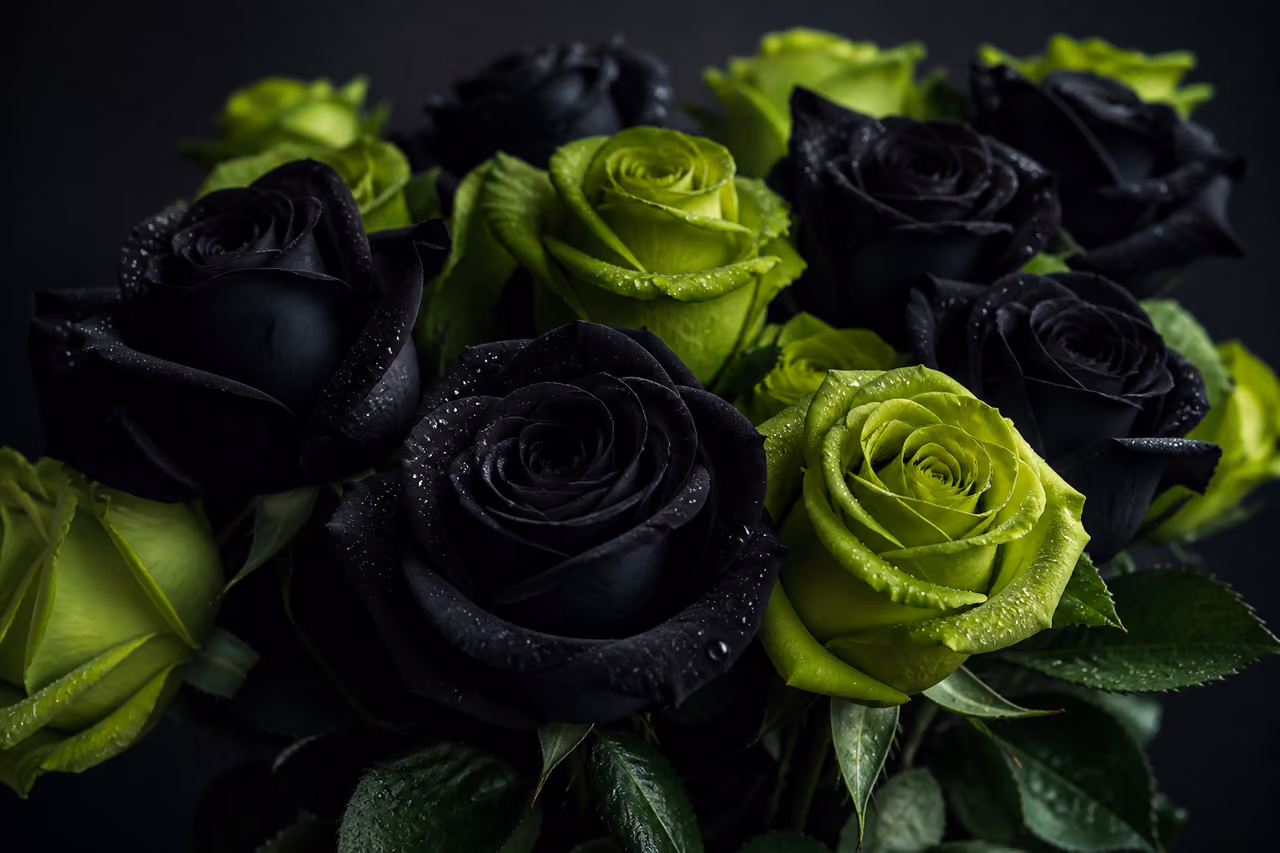 Bouquet of Black and Green Roses with Dew Drops