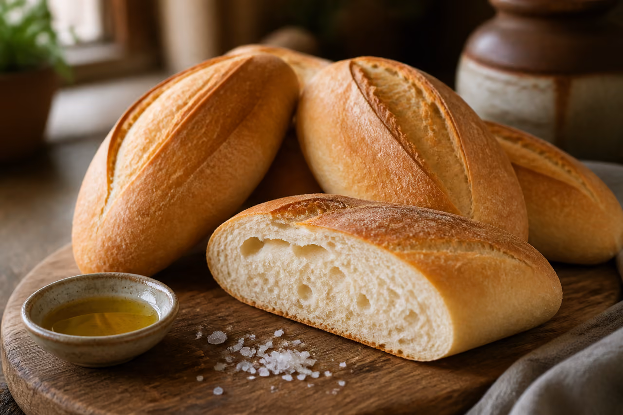 Fresh Bolillo Bread Rolls on a Rustic Wooden Board