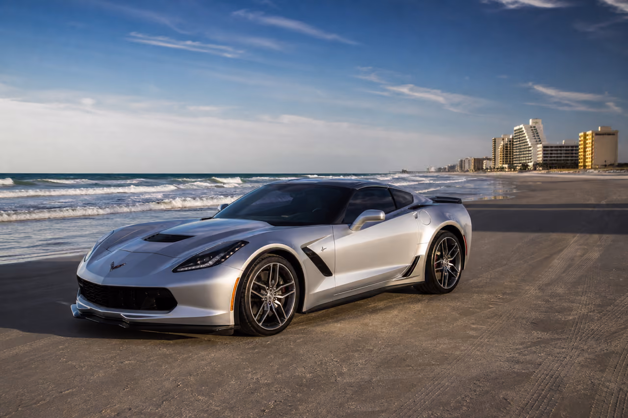 Luxury Sports Car Parked on Daytona Beach Shoreline