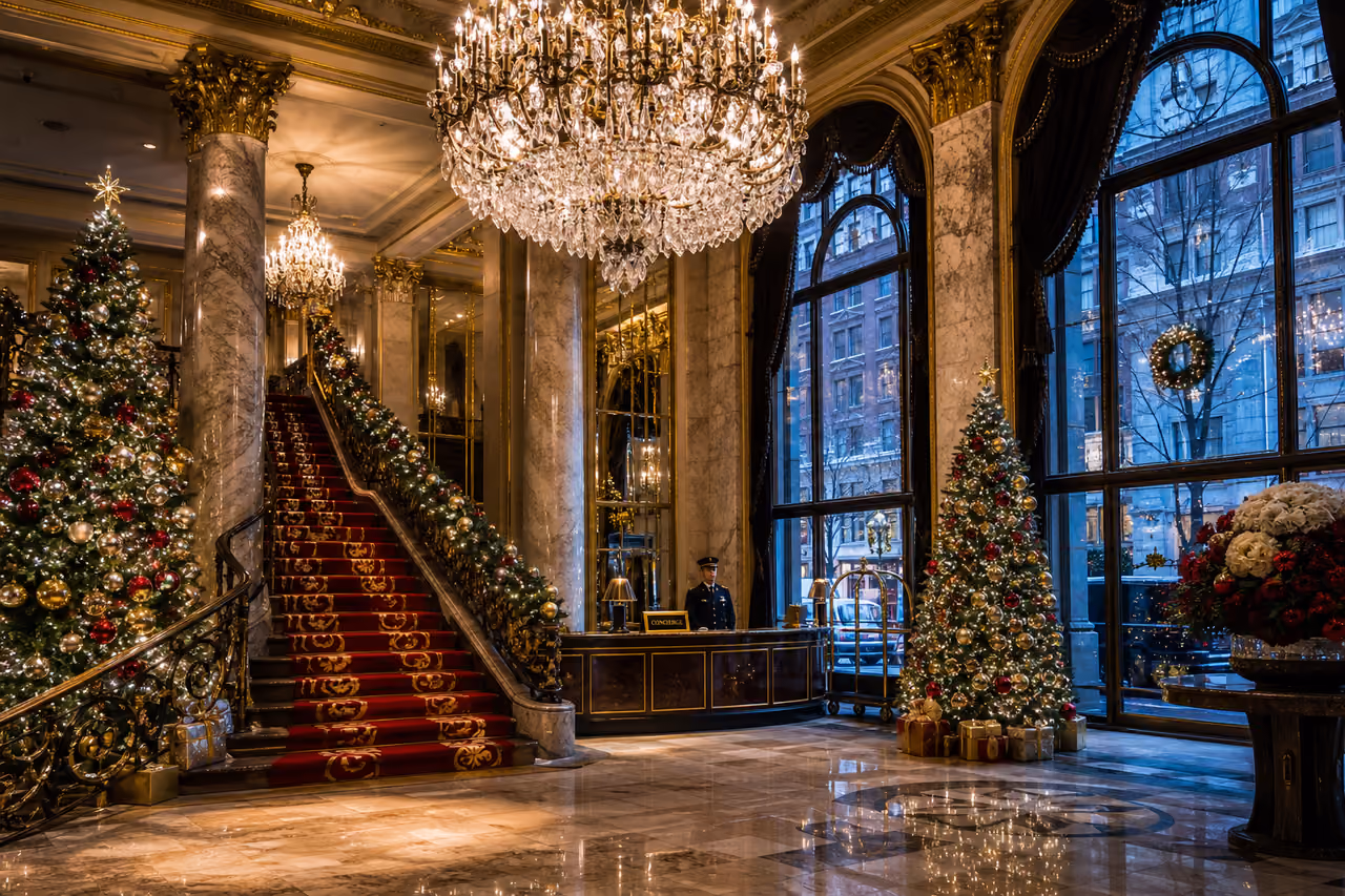 Opulent New York City Hotel Lobby Decorated for Christmas