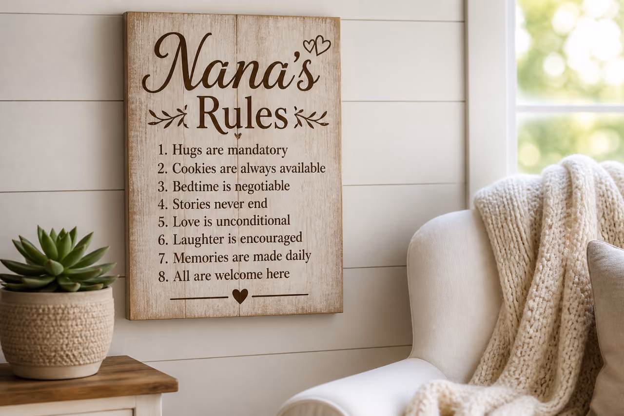 Rustic Wooden Nana's Rules Wall Plaque in a Cozy Room