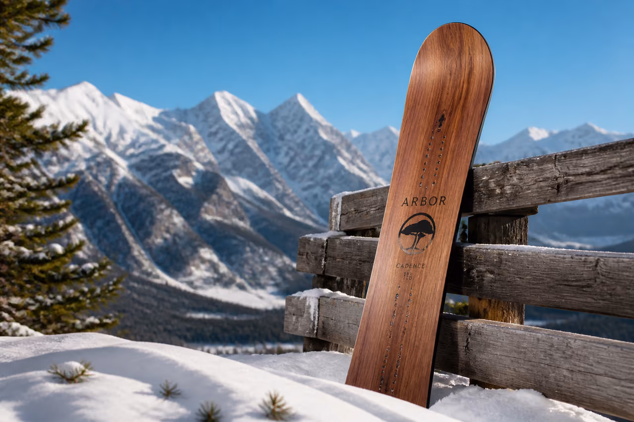 Arbour Snowboard Leaning Against Wooden Fence in Canadian Mountains