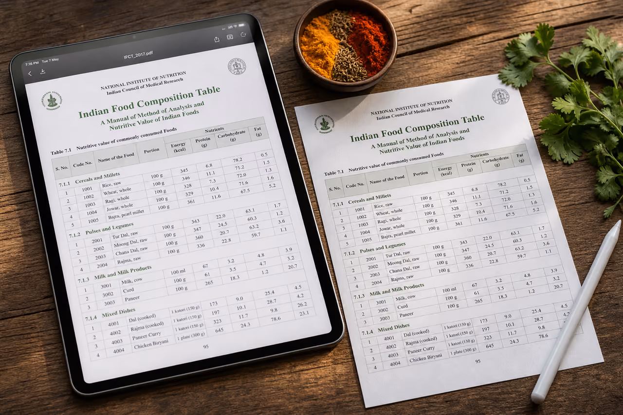 Nutritional Indian Food Composition Table PDF on Tablet and Paper