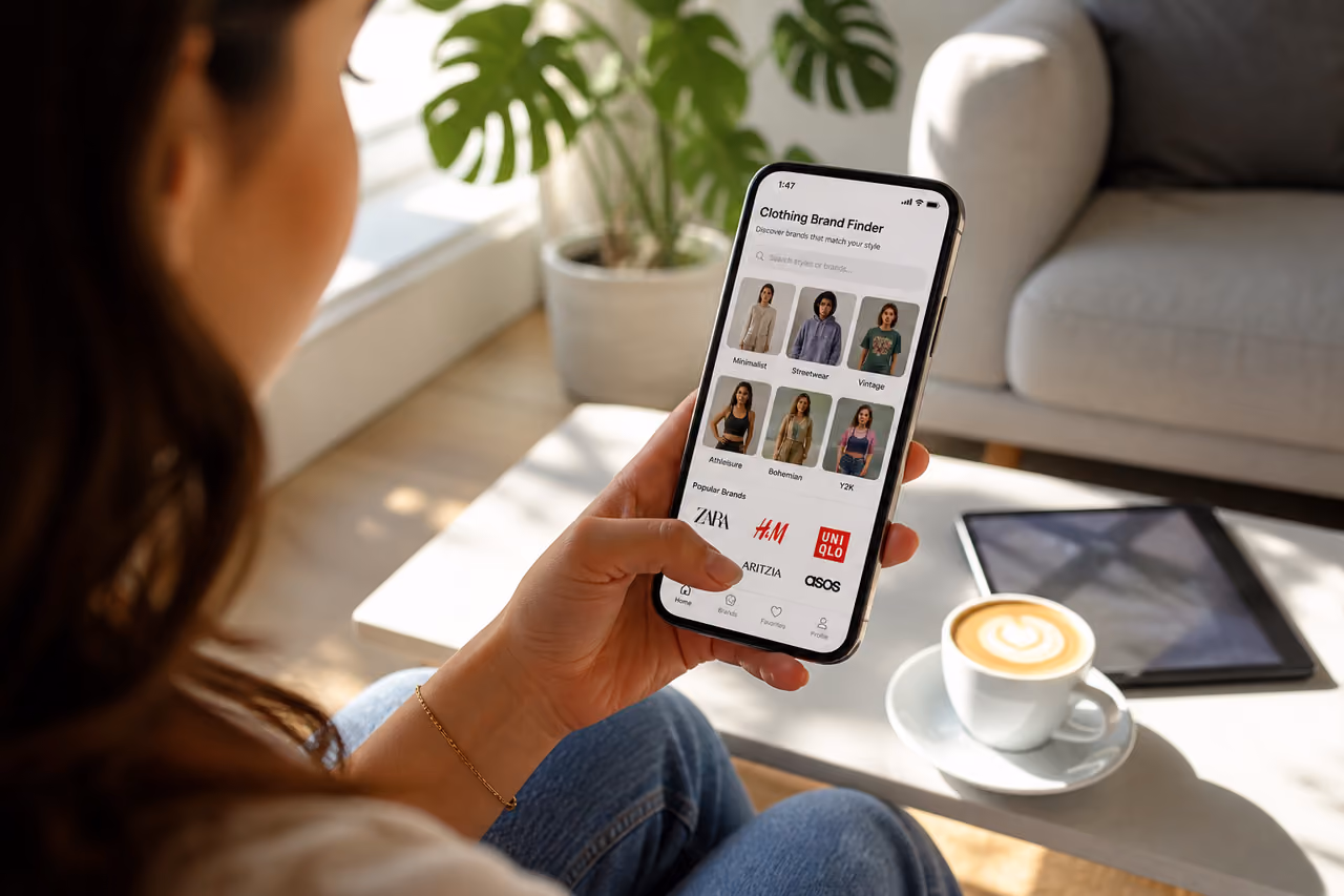 Woman Using Clothing Brand Finder App in Modern Living Room