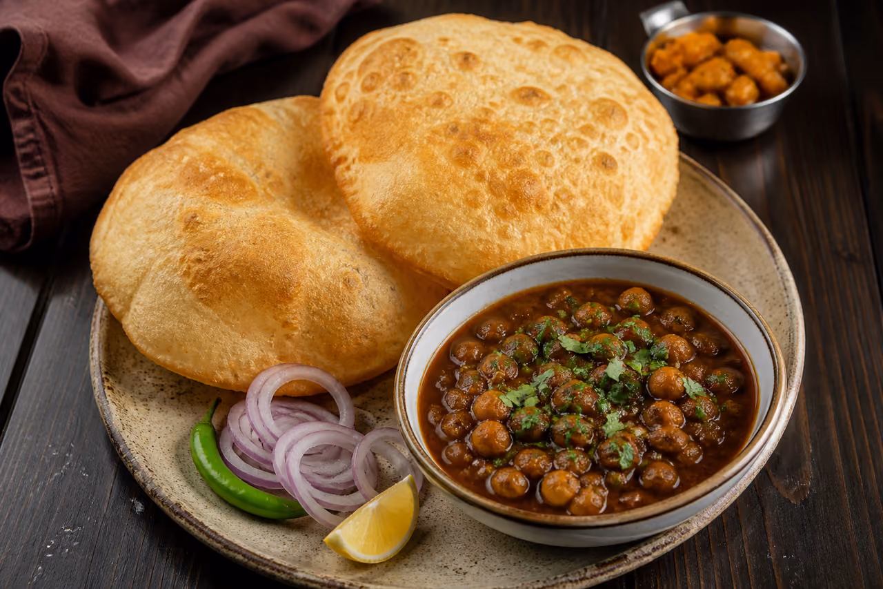 Plate of Chole Bhature with Sliced Onions and Lemon