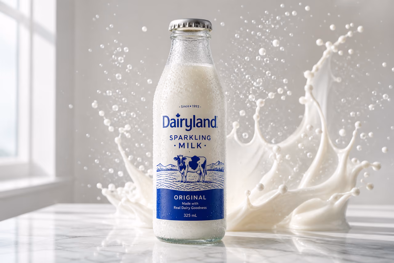 Chilled Bottle of Dairyland Sparkling Milk on Marble Surface