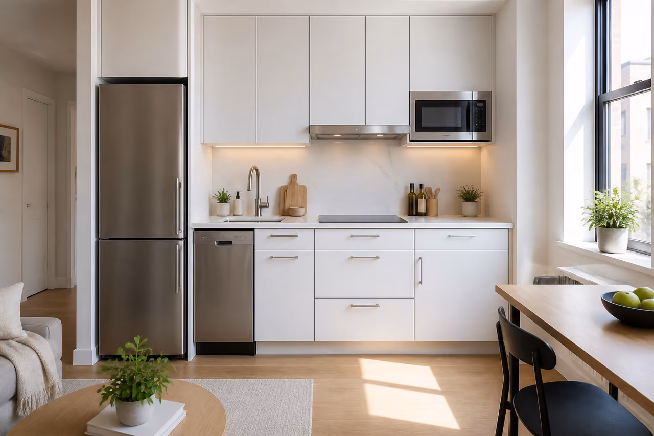 Compact Small Apartment Appliance Package in a Modern Studio Kitchen