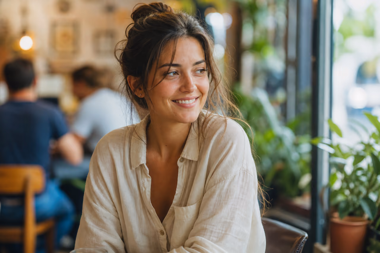 Young Woman Smiling in a Sunlit Modern Cafe