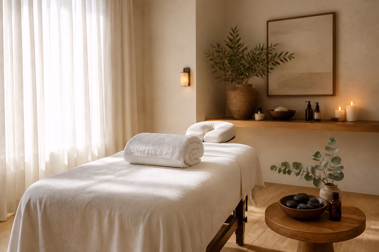Luxury Spa Treatment Room with Essential Oils and Massage Table