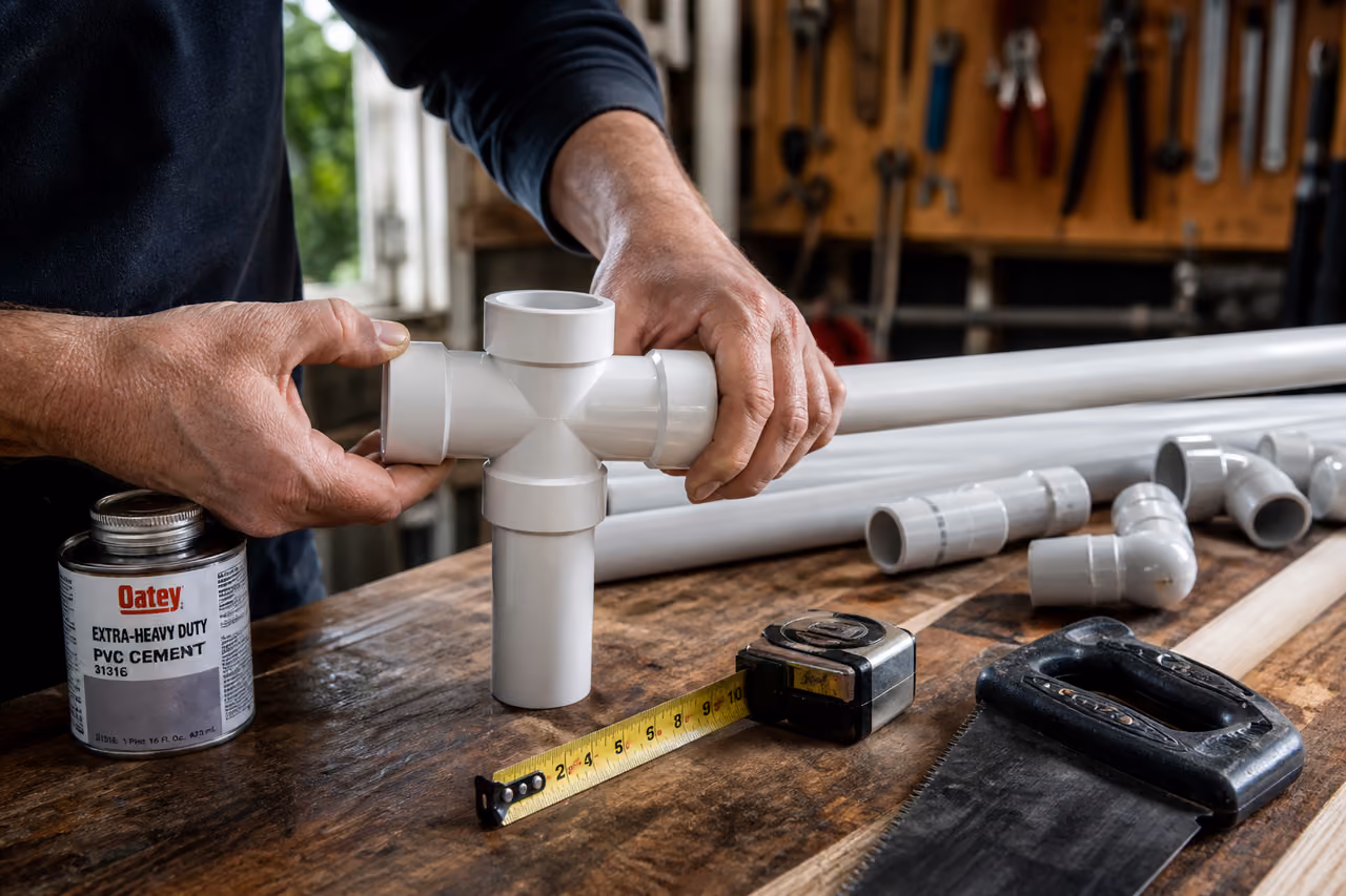 Hands Assembling Pvc Pipe Fittings on a Wooden Workbench