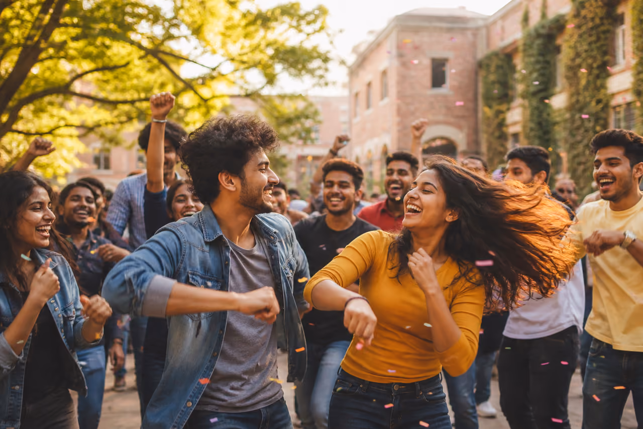 College Students Dancing During a Festive Campus Celebration