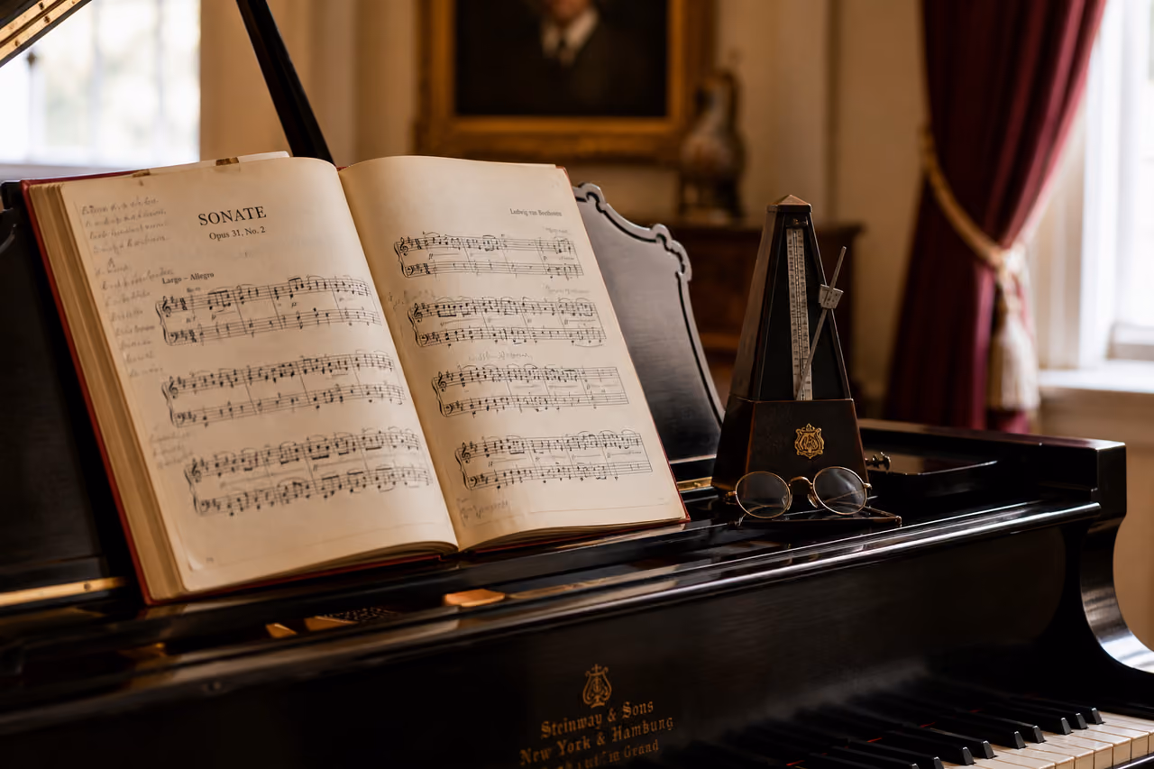 Open Red Piano Instructional Book on Grand Piano