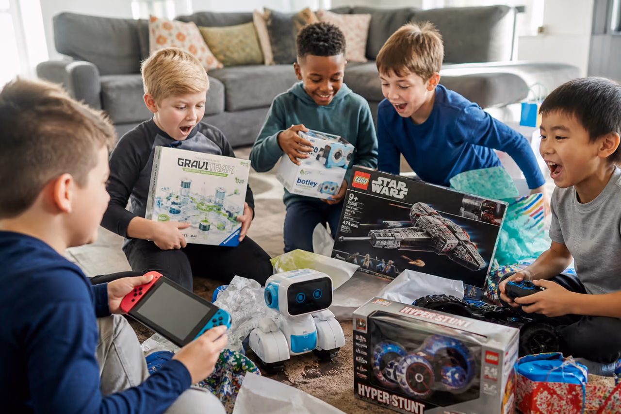 Young Boys Opening Trending Toys in a Living Room