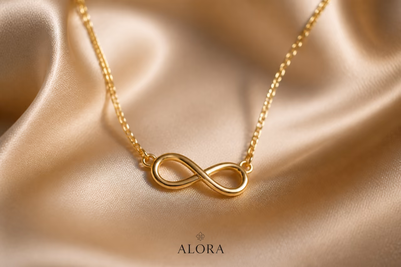 Gold Infinity Necklace by Alora on Cream Silk Fabric