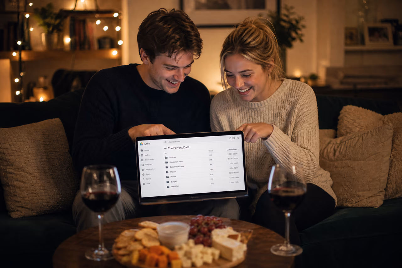 Couple Planning a Romantic Date Using a Laptop