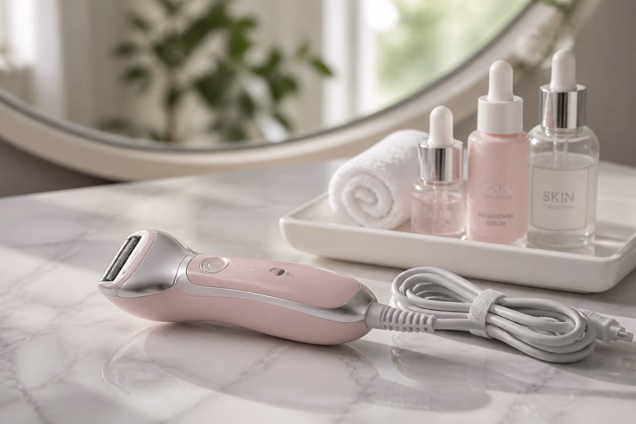 Ladies Electric Shaver with Cord on Marble Bathroom Counter