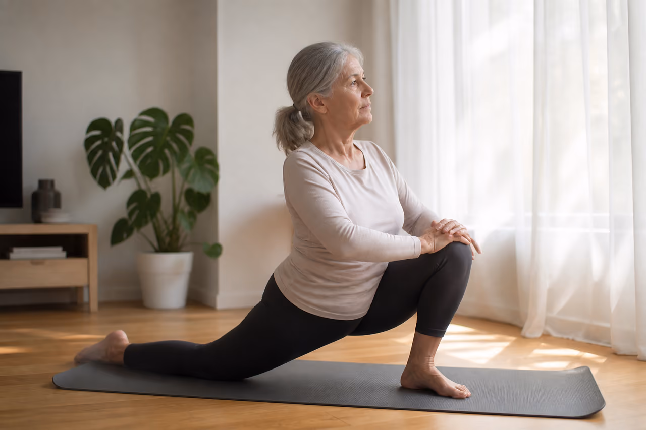Mature Woman Practicing Gentle Yoga for Hip Mobility