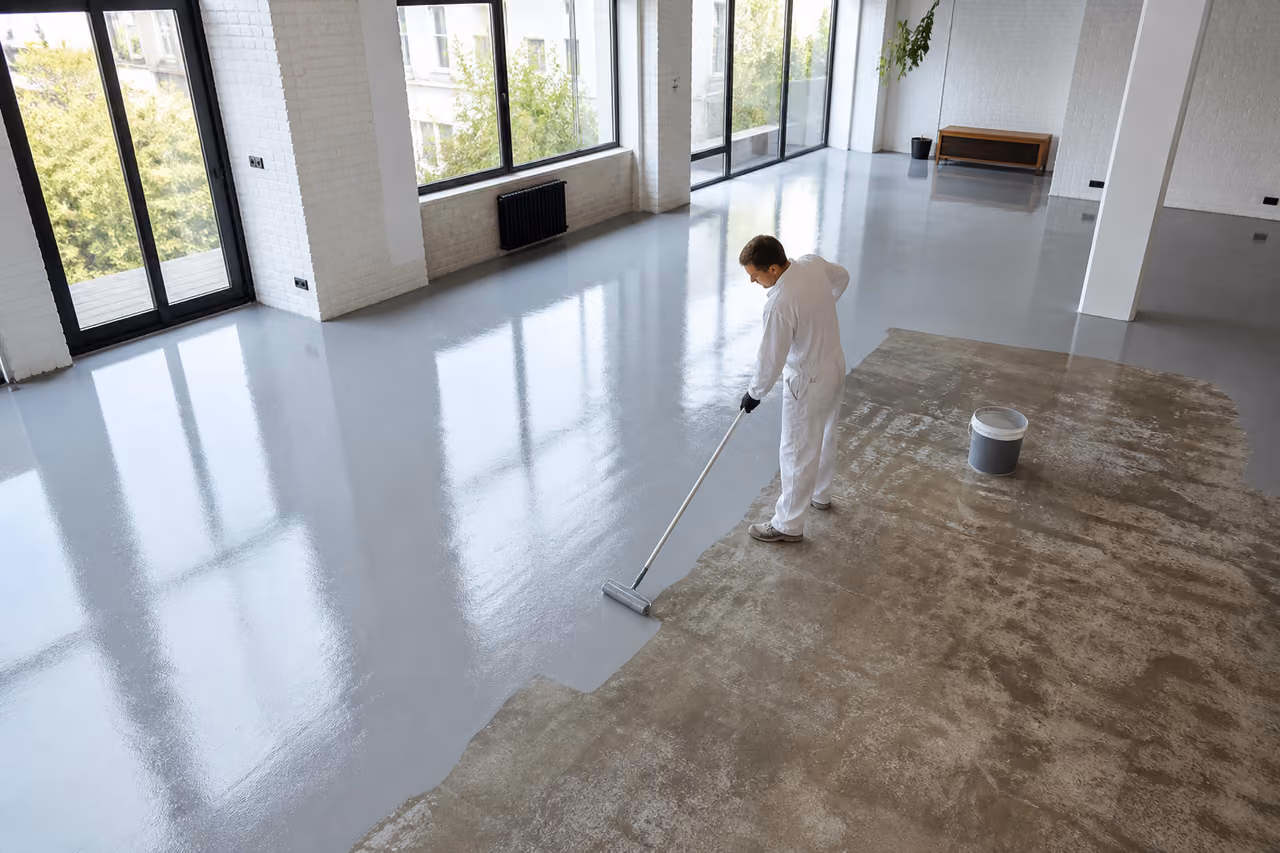 Professional Contractor Painting Polished Concrete Floors in Industrial Loft